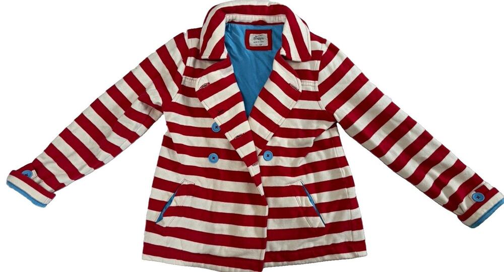 Mini Boden Girls Red/White Striped Lined Button-Front Cotton Jacket Size 12